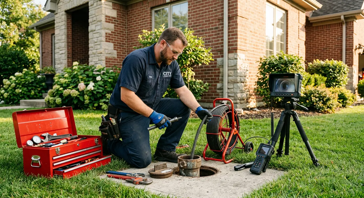 Sewer specialist with camera equipment servicing a cleanout in Bloomfield