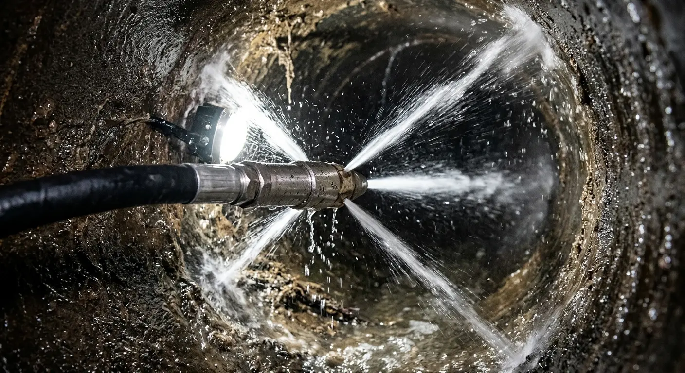 High-pressure hydro jetting nozzle cleaning sewer pipe for Trenchless Sewer Repair in Bloomfield